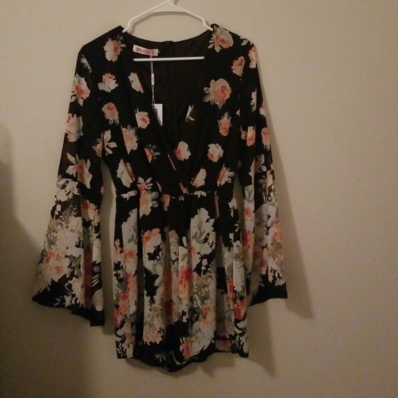 Pants - Black long sleeve floral romper